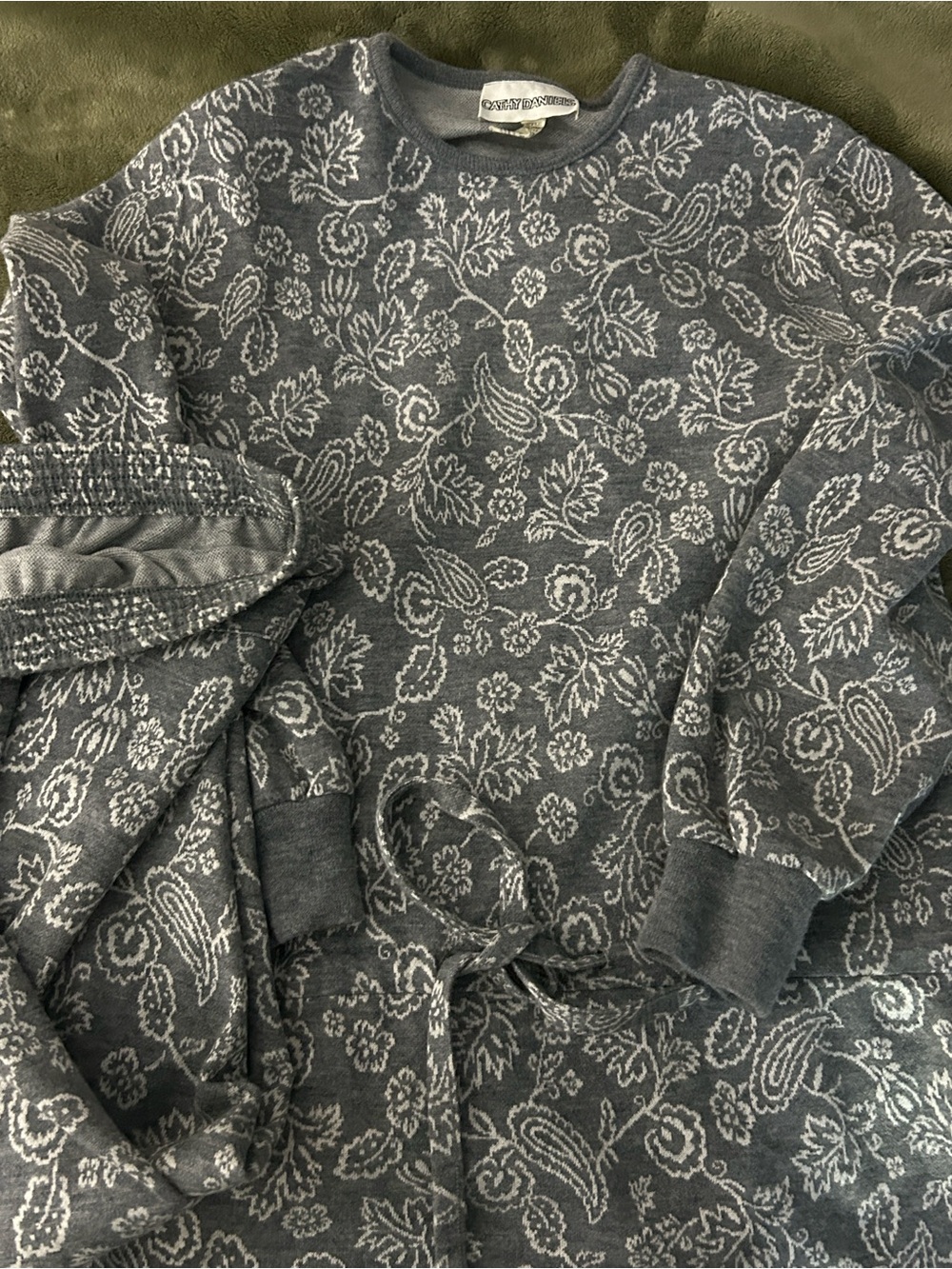 Cathy Daniel’s Grey Paisley Crewneck Knit Top with Dress Skirt warm